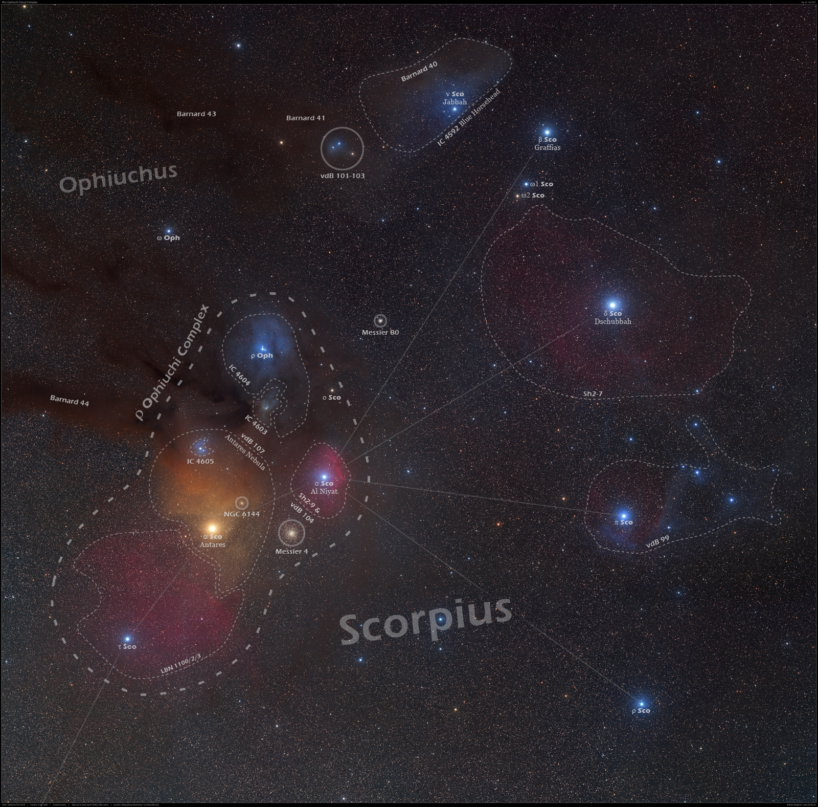 Der Rho-Ophiuchi-Komplex mit Beschriftung