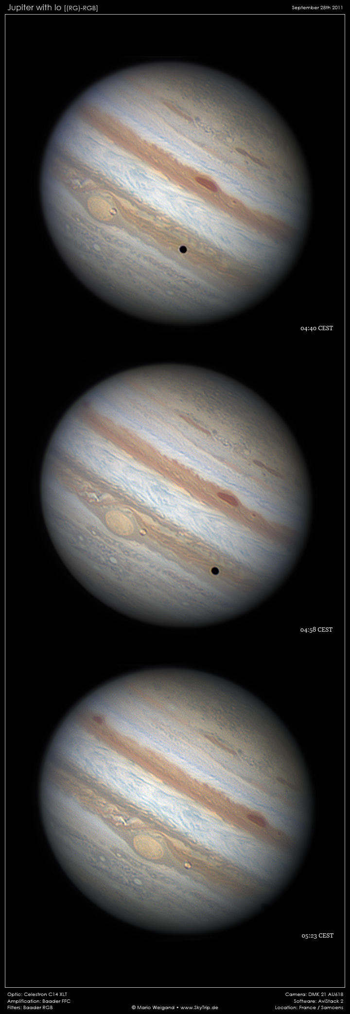 Fotos von Jupiter mit Io-Transit und Schattenwurf.