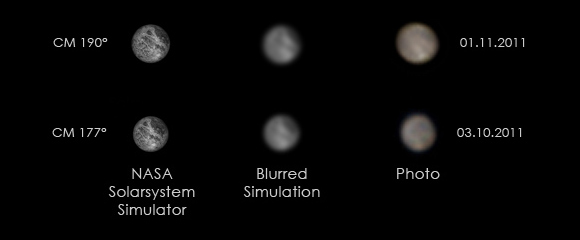 Zwei Aufnahmen von Ganymed mit groben Albedostrukturen.