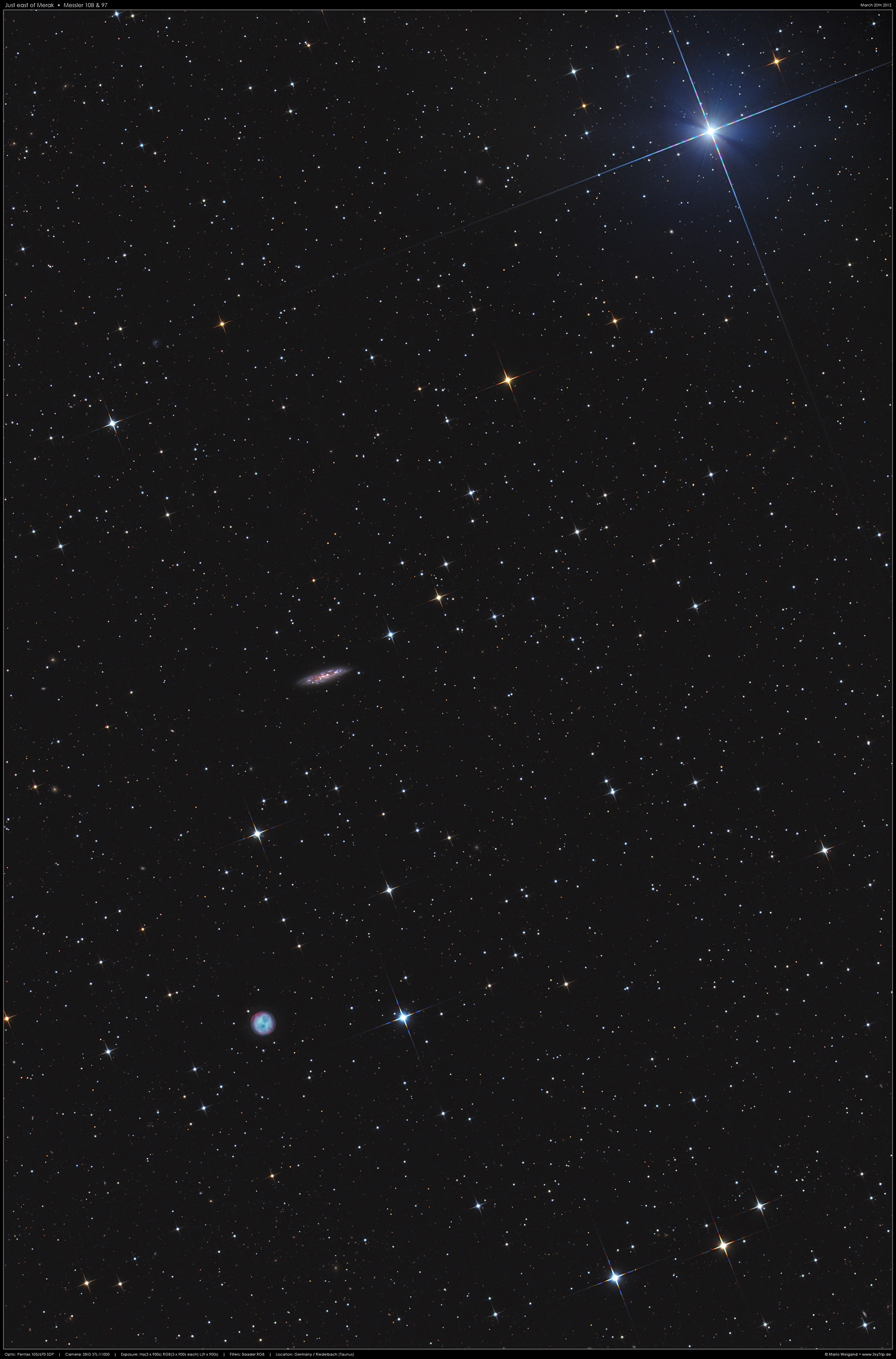 stlich von Merak: Galaxie M108 und der Eulennebel M97