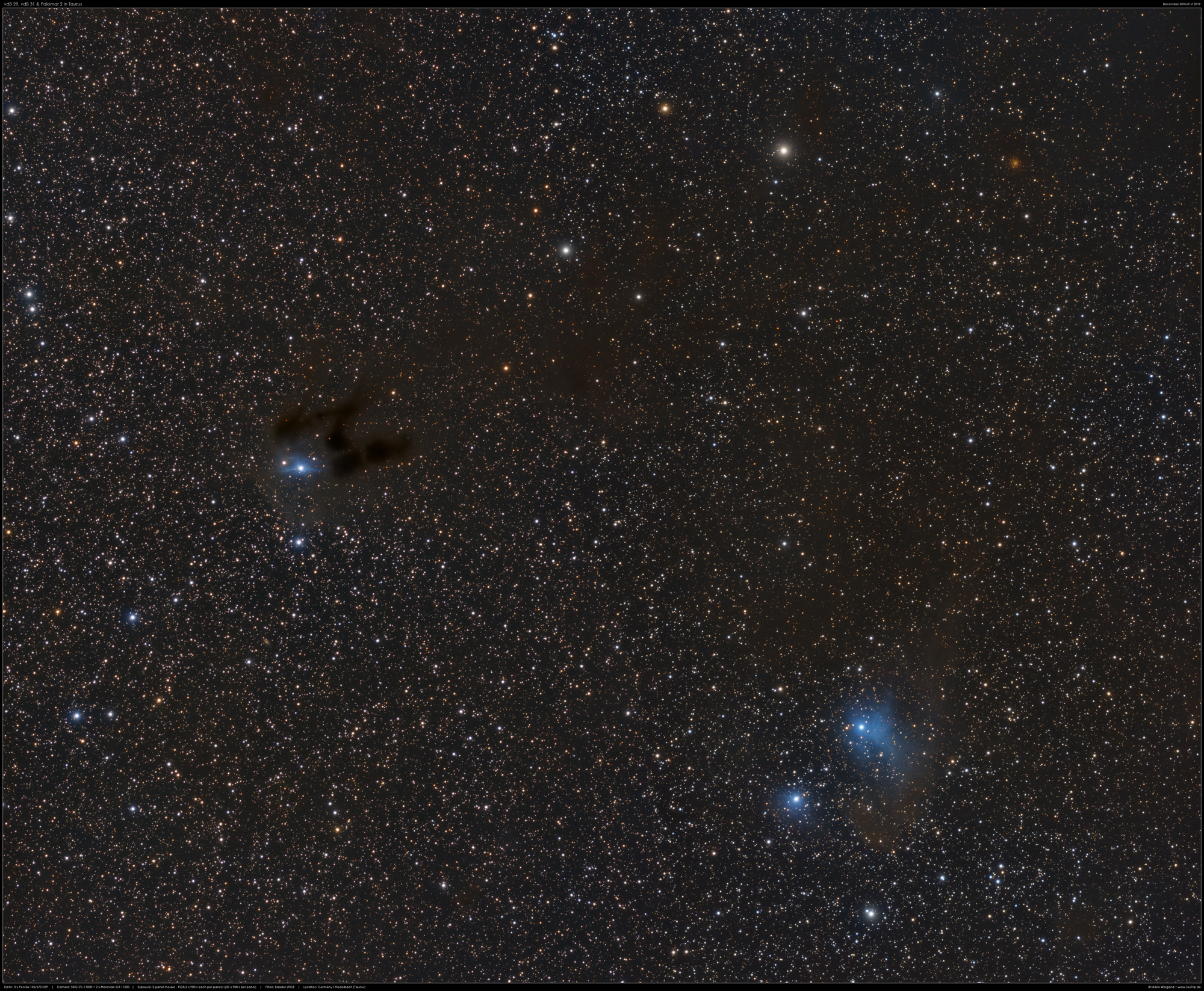 vdB 29, vdB 31 & Palomar 2 in Taurus