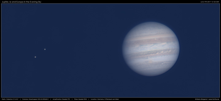 Jupiter mit den Monden Io und Europa am Abendhimmel